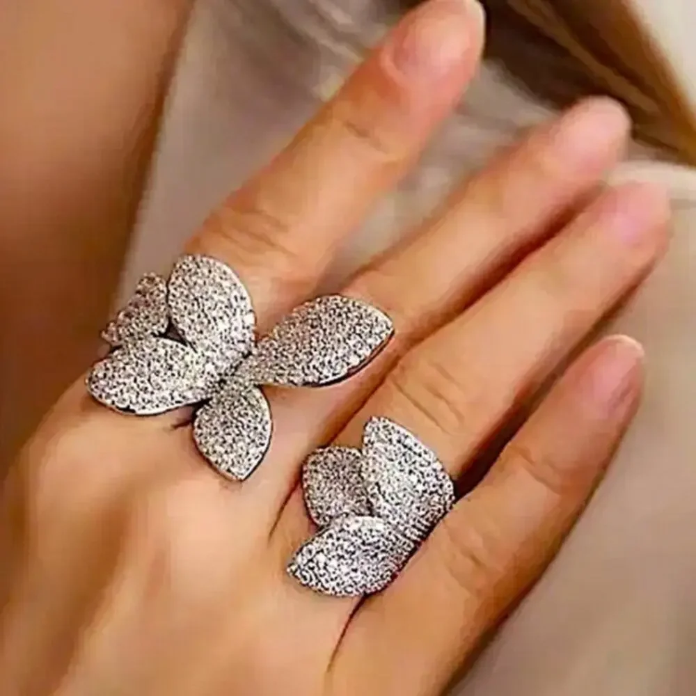 Silver Four Leaf Clover Zircon Ring Two Piece Set